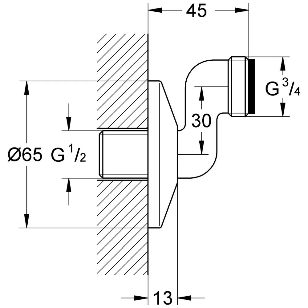 Rysunek techniczny kolana wylotowego z wymiarami, Grohe