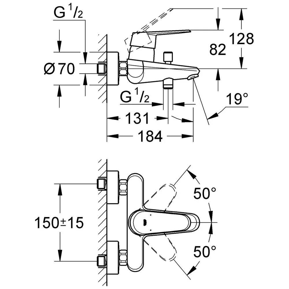 Rysunek techniczny baterii wannowej z wymiarami, Grohe