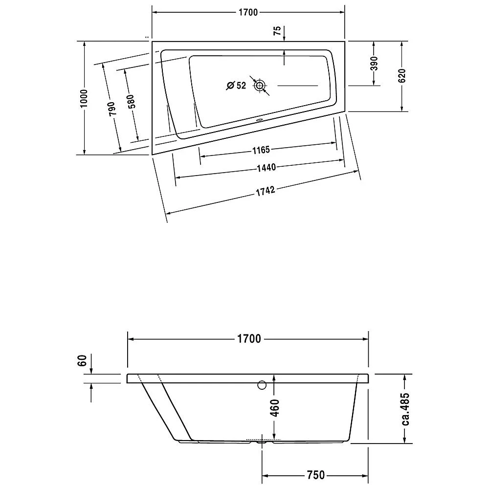 Rysunek techniczny wanny z wymiarami, Duravit