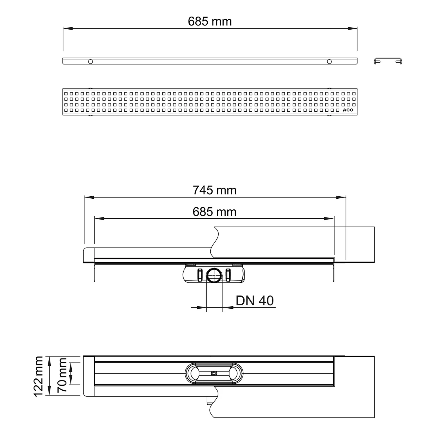 ACO ShowerDrain C Duschrinnen-Set mit Aufkantung, DN 40, Länge 68,5 cm inklusive Design-Rost Square Bild 5