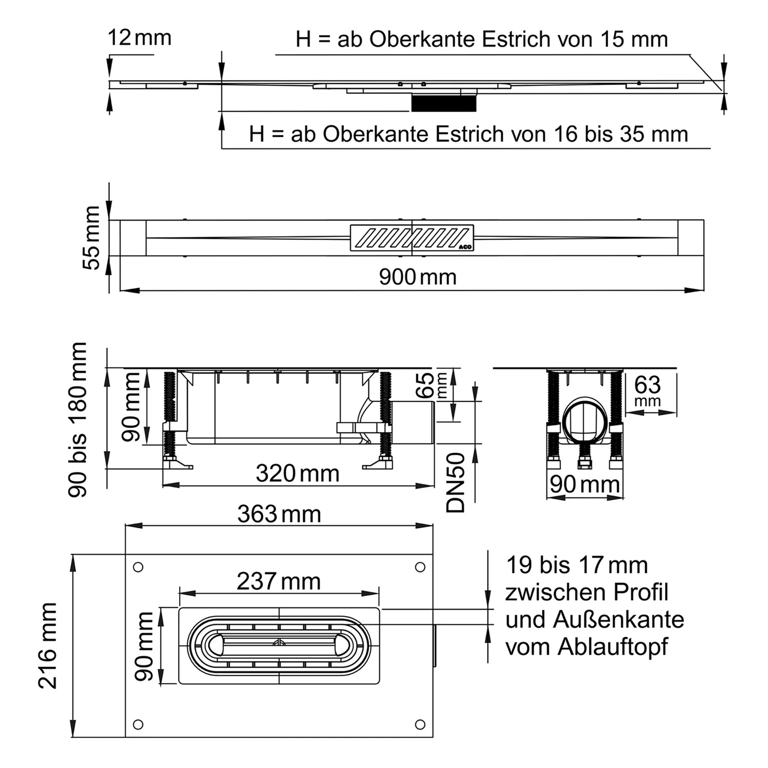 ACO ShowerDrain S+ Duschrinnen-Set Stripes 90 cm Sperrwasserhöhe 5 cm Bild 5