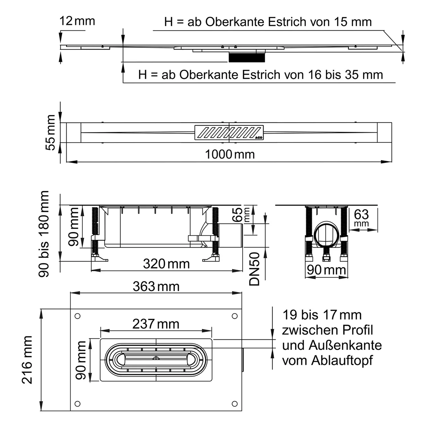 ACO ShowerDrain S+ Duschrinnen-Set Stripes 100 cm Sperrwasserhöhe 5 cm Bild 5
