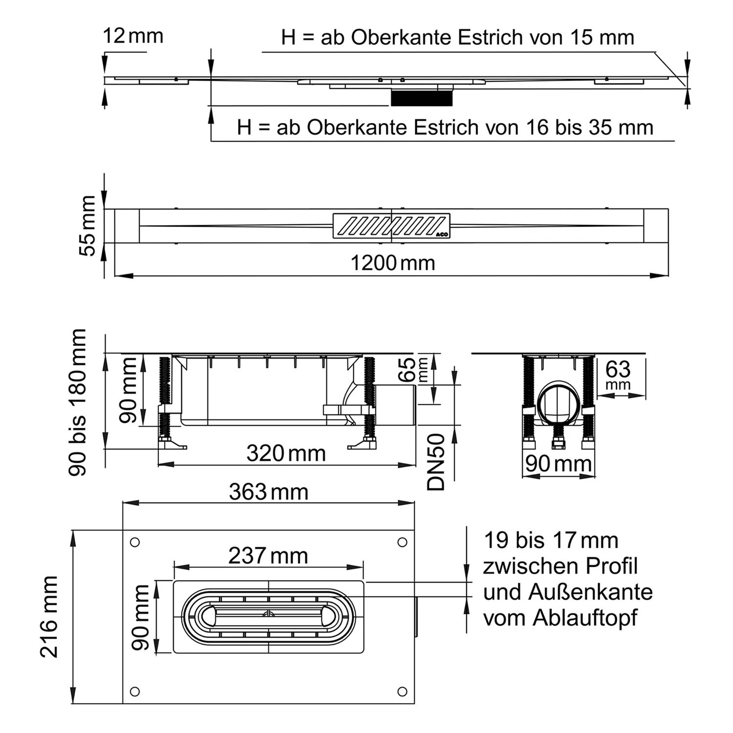 ACO ShowerDrain S+ Duschrinnen-Set Stripes 120 cm Sperrwasserhöhe 5 cm Bild 5
