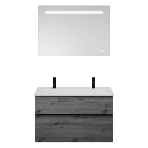 burgbad Eqio Badmöbel Set 102 cm Waschtisch und Unterschrank mit Griff G0252, mit LED-Leuchtspiegel