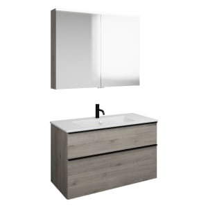 burgbad Eqio Badmöbel-Set 102 cm mit Keramik-Waschtisch Slim und Unterschrank mit Griffleiste G0252, mit Spiegelschrank