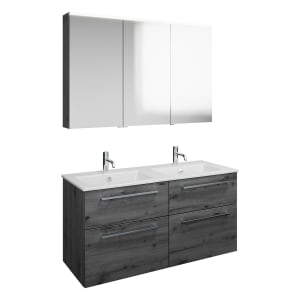 burgbad Eqio Badmöbel-Set 122 cm mit Keramik-Doppelwaschtisch Slim und Unterschrank mit Stangengriff P95, mit Spiegelschrank