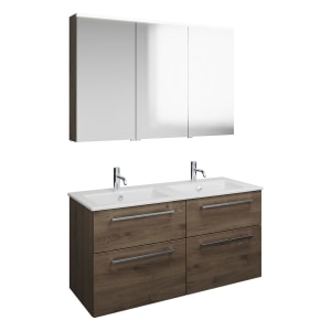 burgbad Eqio Badmöbel-Set 122 cm mit Keramik-Doppelwaschtisch Slim und Unterschrank mit Stangengriff P95, mit Spiegelschrank