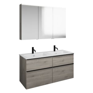 burgbad Eqio Badmöbel-Set 122 cm mit Keramik-Doppelwaschtisch Slim und Unterschrank mit Griffleiste G0252, mit Spiegelschrank