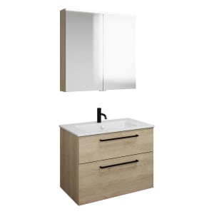 burgbad Eqio Badmöbel-Set 82 cm mit Keramik-Waschtisch Slim und Unterschrank mit Stangengriff G0234, mit Spiegelschrank