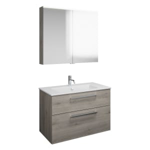 burgbad Eqio Badmöbel-Set 92 cm mit Keramik-Waschtisch Slim und Unterschrank mit Stangengriff P95, mit Spiegelschrank