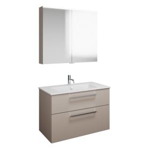 burgbad Eqio Badmöbel-Set 92 cm mit Keramik-Waschtisch Slim und Unterschrank mit Stangengriff P95, mit Spiegelschrank