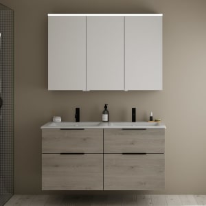 burgbad Eqio Badmöbel-Set 122 cm mit Keramik-Doppelwaschtisch Slim und Unterschrank mit Griff G0200, mit Spiegelschrank