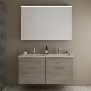 burgbad Eqio Badmöbel-Set 122 cm mit Keramik-Doppelwaschtisch Slim und Unterschrank mit Griff G0146, mit Spiegelschrank