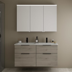 burgbad Eqio Badmöbel-Set 122 cm mit Keramik-Doppelwaschtisch Slim und Unterschrank mit Griff G0200, mit Spiegelschrank