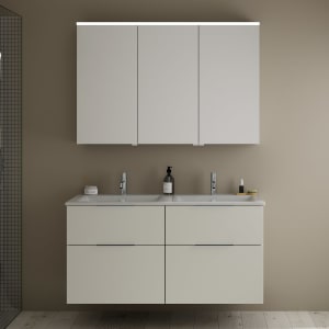 burgbad Eqio Badmöbel-Set 122 cm mit Keramik-Doppelwaschtisch Slim und Unterschrank mit Griff G0146, mit Spiegelschrank