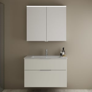 burgbad Eqio Badmöbel-Set 92 cm mit Keramik-Waschtisch Slim und Unterschrank mit Griff G0146, mit Spiegelschrank