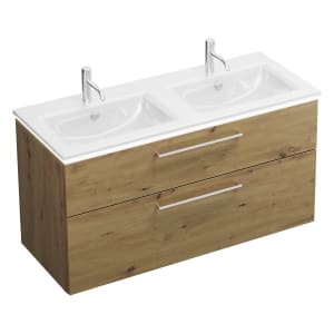 burgbad Eqio Doppelwaschtischkombination mit Keramik-Doppelwaschtisch Slim und LED-Beleuchtung, 122 cm, mit Stangengriff P95