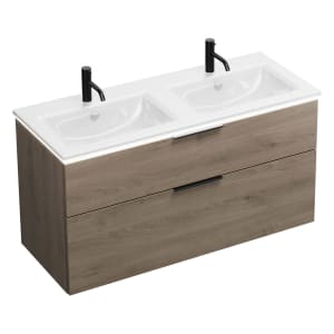 burgbad Eqio Doppelwaschtischkombination mit Keramik-Doppelwaschtisch Slim und LED-Beleuchtung, 122 cm, mit Griff G0200