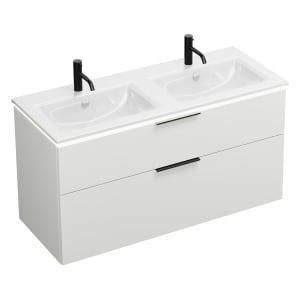 burgbad Eqio Doppelwaschtischkombination mit Keramik-Doppelwaschtisch Slim und LED-Beleuchtung, 122 cm, mit Griff G0200