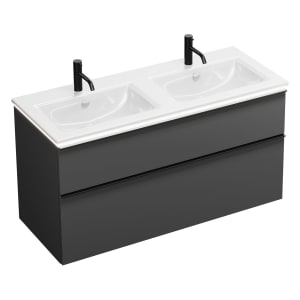 burgbad Eqio Doppelwaschtischkombination mit Keramik-Doppelwaschtisch Slim und LED-Beleuchtung, 122 cm, mit Griffleiste G0252