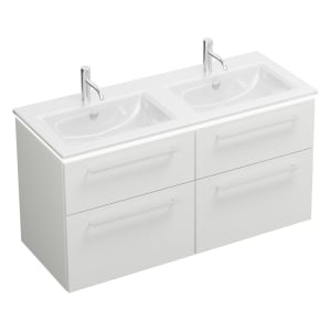 burgbad Eqio Doppelwaschtischkombination mit Keramik-Doppelwaschtisch Slim und LED-Beleuchtung, 122 cm, mit Stangengriff P95