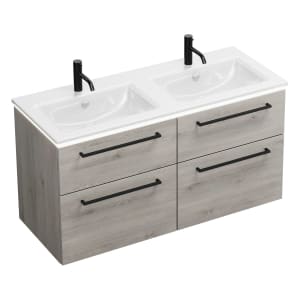 burgbad Eqio Doppelwaschtischkombination mit Keramik-Doppelwaschtisch Slim und LED-Beleuchtung, 122 cm, mit Stangengriff G0234