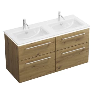 burgbad Eqio Doppelwaschtischkombination mit Keramik-Doppelwaschtisch Slim und LED-Beleuchtung, 122 cm, mit Stangengriff P95