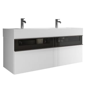 burgbad Yumo Mineralguss-Doppelwaschtisch OHNE Hahnlochbohrung, inkl. Waschtischunterschrank 131,5 cm mit obere Alurahmenfront