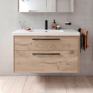 Duravit D-Code Waschtischunterschrank 100 cm mit Keramikwaschtisch, mit 2 Auszügen, Griff schwarz