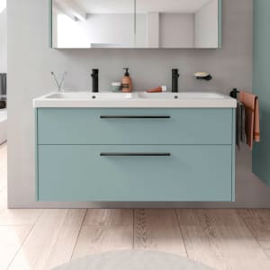 Duravit D-Code Waschtischunterschrank 120 cm mit Keramik-Doppelwaschtisch, mit 2 Auszügen, Griff schwarz