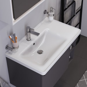 Duravit D-Neo Möbelwaschtisch 80 cm asymmetrisch, mit 1 Hahnloch und Überlauf, Ablage rechts