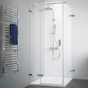 Breuer Panorama Drehtür mit Festteil für Seitenwand rahmenlos mit Wandwinkel außen Sondermaß, Anschlag links mit CER+ Beschichtung