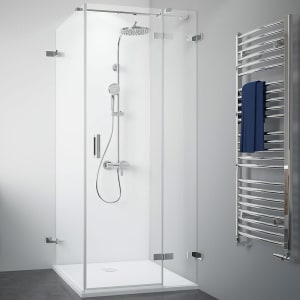 Breuer Panorama Drehtür mit Festteil für Seitenwand rahmenlos mit Wandwinkel innen Sondermaß, Anschlag rechts mit CER+ Beschichtung