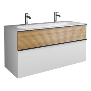 burgbad Fiumo Mineralguss-Waschtisch mit Unterschrank 122 cm, mit 2 Hahnlöcher, mit Griff G0200, oben mit Plissée-Struktur