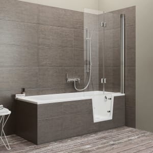 Steinkamp easy entry Badewanne 170 x 75 cm mit Glastür rechts, Trio Ablauf und Styrodurverkleidung