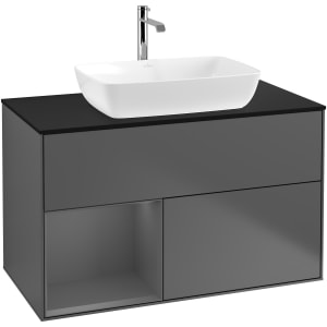 Villeroy & Boch Finion Waschtischunterschrank 100 cm mit Regalelement links, Abdeckplatte, Wandbeleuchtung