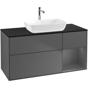 Villeroy & Boch Finion Waschtischunterschrank 120 cm mit Regalelement rechts, Abdeckplatte, Wandbeleuchtung