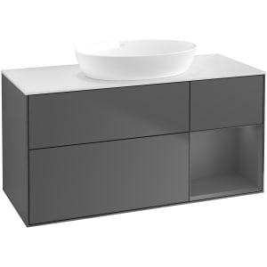 Villeroy & Boch Finion Waschtischunterschrank 120 cm mit Regalelement rechts, Abdeckplatte, Wandbeleuchtung
