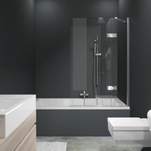 HÜPPE Solva teilgerahmt Badewannenabtrennung 1-teilig mit Festteil 120,1-150 x 120-200 cm, Glas mit Anti-Plaque, Rechtsbefestigung