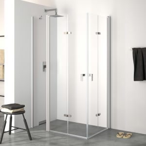 HÜPPE Design pure 4-Eck Schwingfalttür mit festem Segment 140 x 200 cm, Linksbefestigung, Glas mit Anti-Plaque