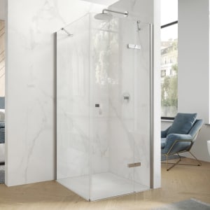 HÜPPE Design pure 4-Eck Schwingtür mit Beschlag und festen Segment B: 75 H: 197 cm, Rechtsbefestigung, Glas ohne Anti-Plaque