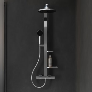 Ideal Standard Ceratherm Alu+ Duschsystem mit Brausethermostat, 2 Ablagen, 2-Funktions-Handbrause und 2-Funktions-Kopfbrause