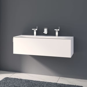 Keuco EDITION 11 Art Emaille-Doppelwaschtisch mit Waschtischunterschrank und Schaftventil, 1 Auszug, 2 Hahnlöcher, 120 cm