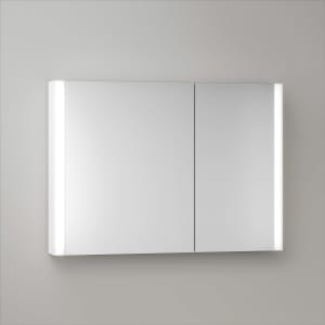 Keuco Royal Metis LED Aufputz-Spiegelschrank 100 x 71 cm, 2 Türen mit Spiegelheizung, asymmetrisch, schweizer Ausführung