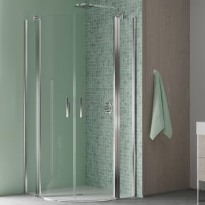 Koralle SL450 Viertelkreis Pendeltür mit Festteil rechts, Typ VPFS R 90, 90 x 200 cm, R= 55 cm, für Duschwanne, mit GlasPlus