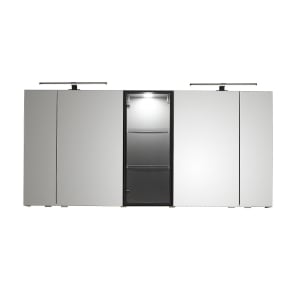 Pelipal Balto Spiegelschrank 150 x 17 x 70,3 cm mit 1 Vitrine mittig, 4 Drehtüren, 2 LED Aufsatzleuchten in schwarz matt, Waschplatzbeleuchtung