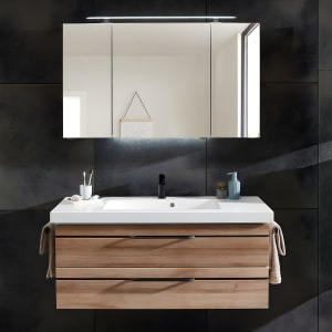 Pelipal Balto Waschtischkombination mit Mineralmarmorwaschtisch 123 cm, Griff V2 und Spiegelschrank