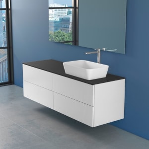 progettobagno Elba Unterschrank 160 cm Rechts mit Glasplatte ohne Hahnlochbohrung und FLY 56 Aufsatzwaschtisch