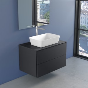 progettobagno Elba Unterschrank 80 cm mit Glasplatte ohne Hahnlochbohrung und FLY 56 Aufsatzwaschtisch