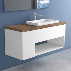 progettobagno Evo Terra Unterschrank 120 cm mit Platte in Holzdekor, Hahnlochbohrung und ELY 60 Einbauwaschtisch , Ausführung rechts